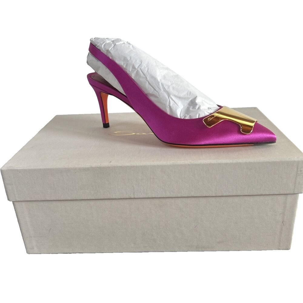 SANTONI Sabino Sibille Pink Satin Slingback Pumps Gold Hardware Sz 36/ US 6 NEW